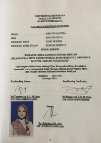 EKSEKUSI OBJEK JAMINAN FIDUSIA DENGAN  PELAKSANAAN TITEL EKSEKUTORIAL DI BANK RAKYAT INDONESIA KANTOR CABANG PALEMBANG